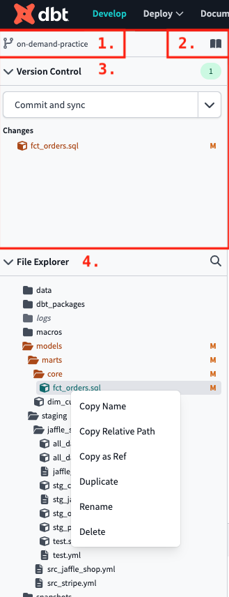 The Git repo link, documentation site button, Version Control menu, and File Explorer The Git repo link, documentation site button, Version Control menu, and File Explorer